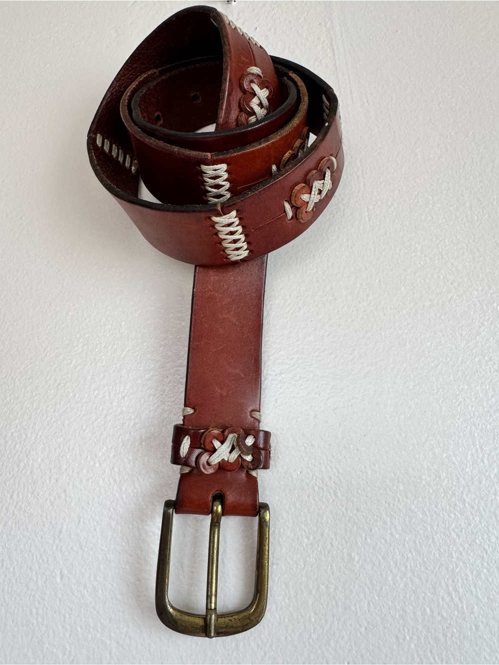 VTG 80’s Omega Southwestern Brown Leather Belt White Stitching made in Turkey  L
